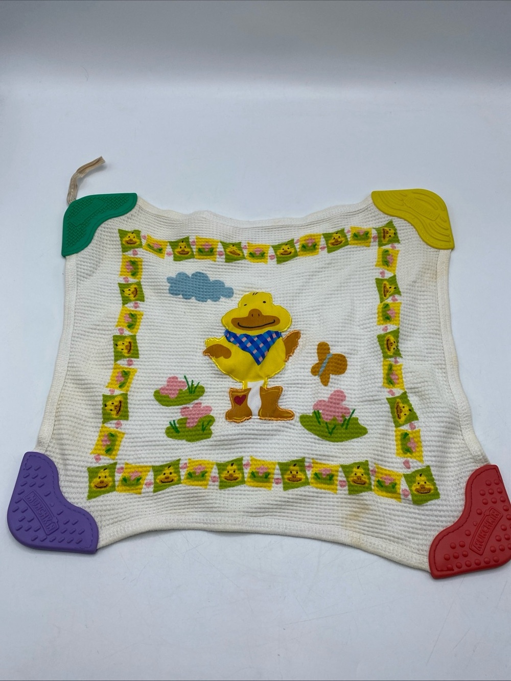 Vintage Munchkin Teether Security Blanket White Thermal Waffle Weave Yellow Duck